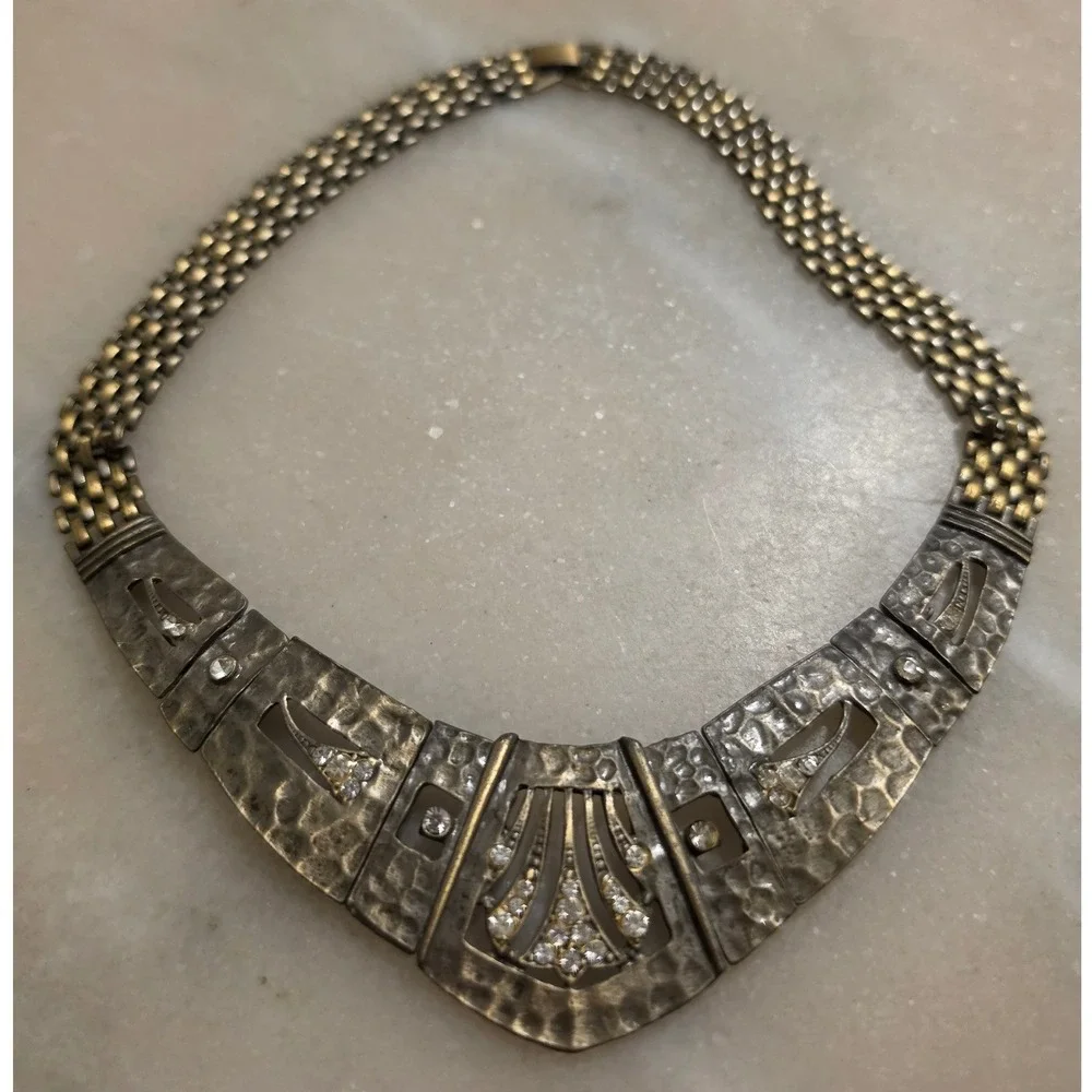 Vintage Art Deco Style Statement Necklace Hammered Metal Crystal Choker - Picture 2 of 12